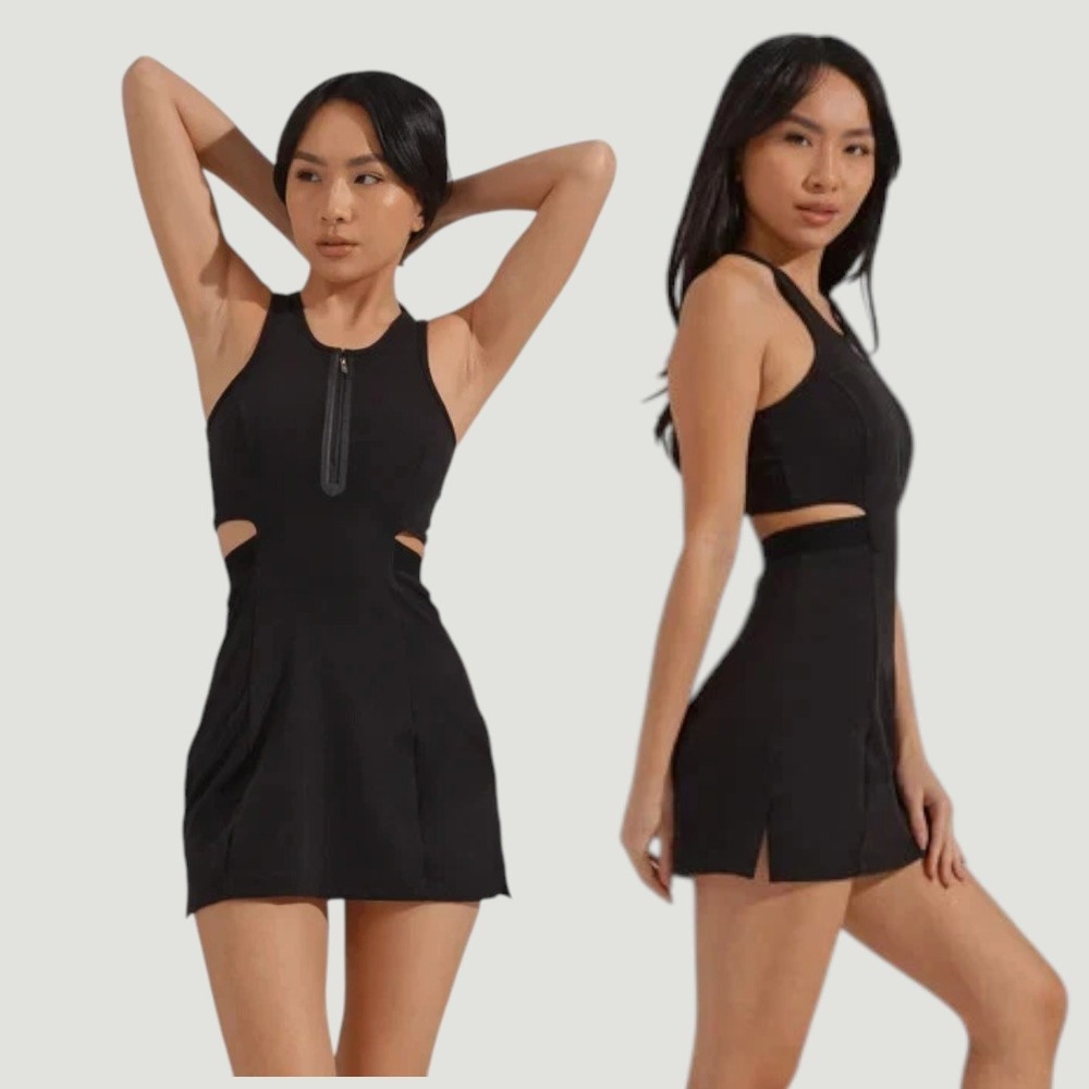 XS Buffbunny Courtside Zip Dress Onyx Black XS Athletic Mini Cutout Racerback
